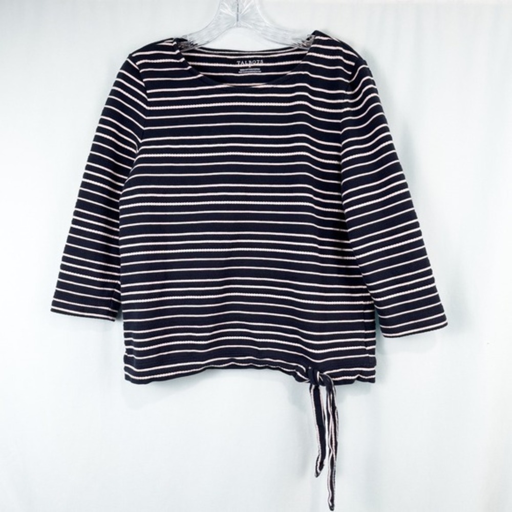 Talbots Striped‎ Tie Hem 3/4 Sleeve Top Nautical Preppy Coastal Blue Pink Medium